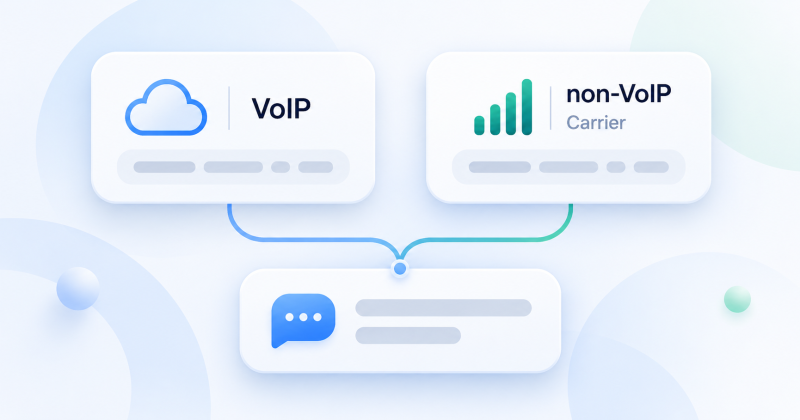 VoIP and non-VoIP numbers receiving SMS online, with a carrier label on the non-VoIP option